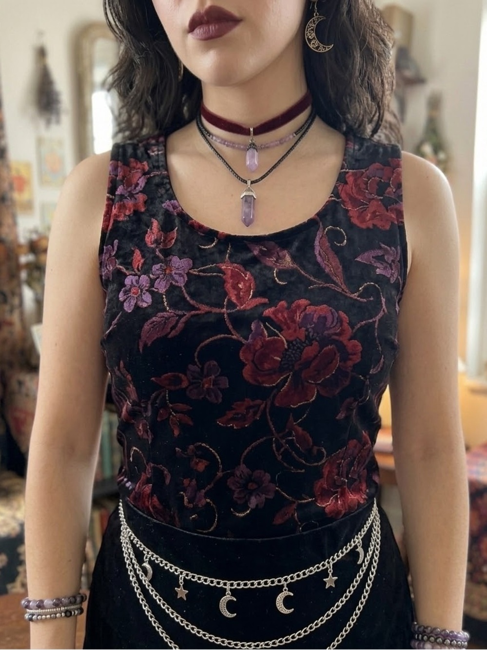 Vintage 90s Floral Velvet Burnout Tank Top Y2K Whimsigoth Gothic Sleeveless - Picture 2 of 7